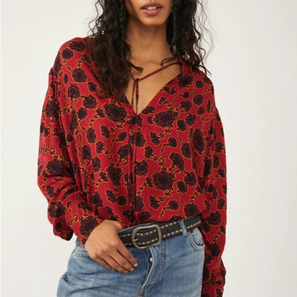 Free People Mia Tunic Red Black Floral Print V-Neck Oversized Blouse Top Small